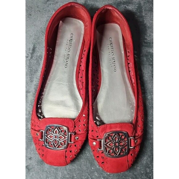 Christian Siriano Red Flats Silver Buckle Faux Leather Suede cutouts Sz 7.5  R08 - Picture 2 of 7